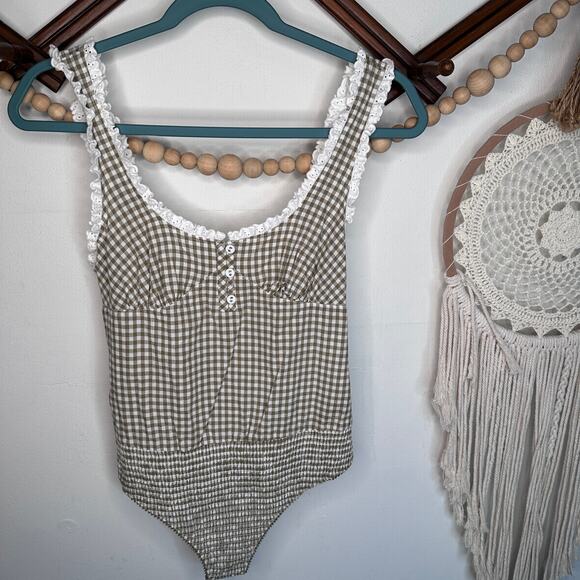 Free People Tops - Intimately Free People Cassie Olive Green Gingham Eyelet Trim Bodysuit